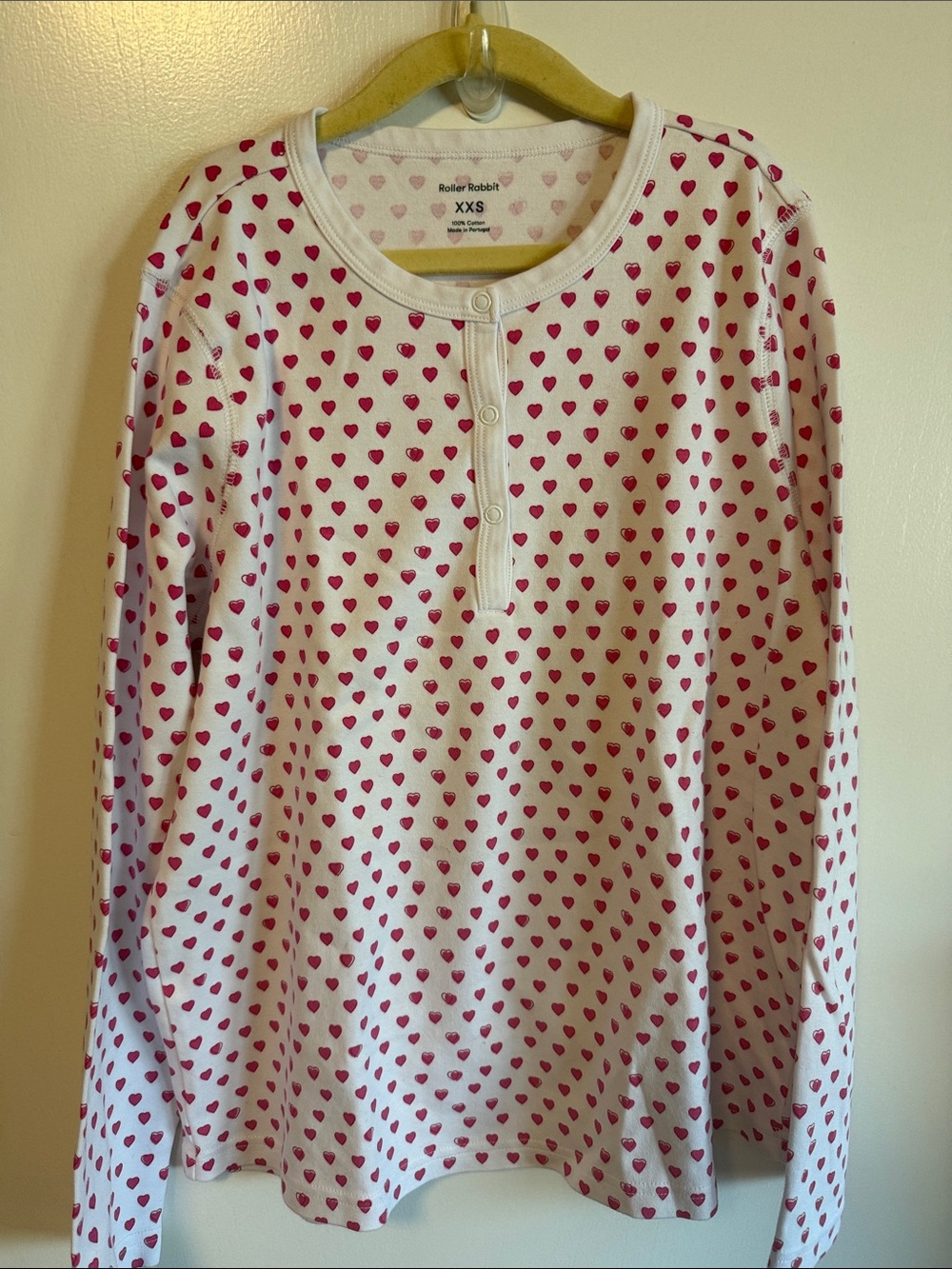 Roller Rabbit White Long-Sleeve Henley Pajama Set with Pink Heart Print